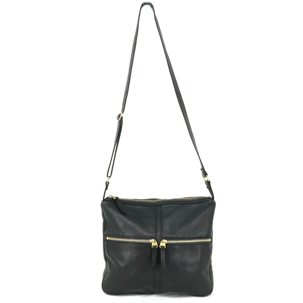 Fossil Leather Handbag Womens Black Crossbody Bag Zipper Pockets Preppy Academia